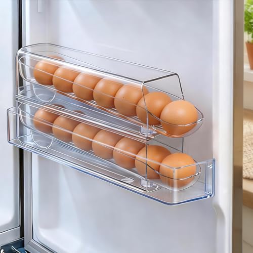 theaoo Auto Rolling Egg Dispenser for Refrigerator with Quick Removable Inner Tray, Space-Saving Egg Organizer and Holder, Egg Storage Container for Fridge, Easy to Load and Grab Eggs (1 Pack)