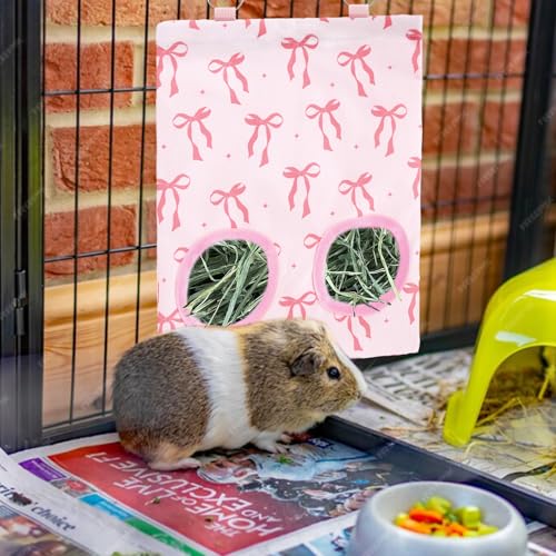 JarThenaAMCS 2Pcs Rabbit Hay Feeder Bag with 2 Holes Pink Bow Guinea Pig Hanging Hay Feeding Bag Storage Dispenser for Chinchilla Hamster Bunny Small Animal Pet - size: 11.5 x 9 inch