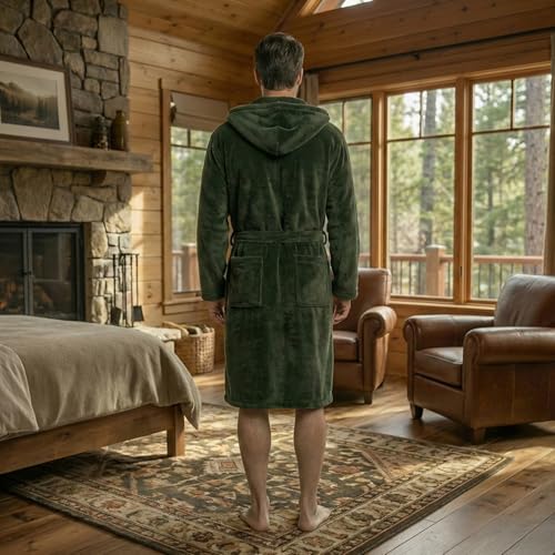 FashGudim Mens Hooded Robe Plush Shawl Collar Kimono Bathrobe Soft Warm Flannel Fleece Spa Robes House Coat Pajamas - color: Army Green, size: Small-Medium