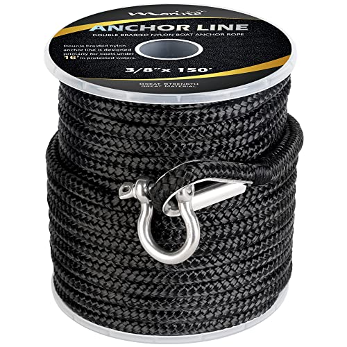 MARINE SYSTEM Made 3/8 Inch 100 FT 150 FT Black Grey Nylon Anchor Line Double Braided Anchor Rope/Line with Thimble (3/8" x 100' Black Nylon) - color: 3/8"x100' Black