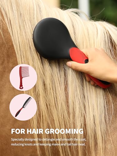 Harrison Howard Horse Grooming Kit 9 Piece with Tote Bag, Non-Slip Horse Brush Set for Shedding, Bathing, Hoof Care, Mane & Tail Grooming, Equine Grooming Supplies Red - color: Red