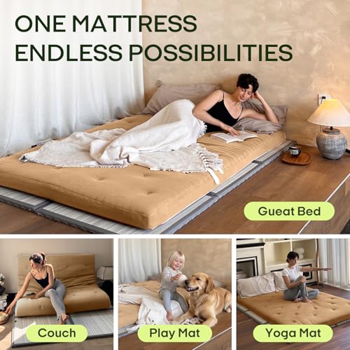 ZonLi Japanese Floor Futon Mattress 100% Cotton Cover Foldable Portable | 80" x 60" Queen Size 2.5" Thick Tatami Mat Sleeping Pad, Roll Up Floor Lounger Bed for Guest, Dormitory, Camping & Travel - color: Burro, size: Queen(80"L x 60"W x 2.5"Th)