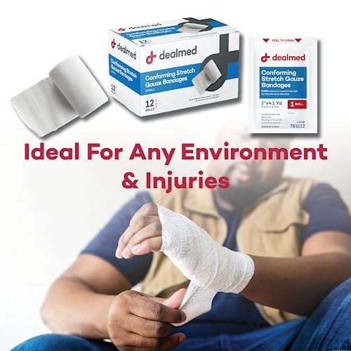 Dealmed Sterile 4 in Stretch Gauze Bandage - Latex Free - 12 Rolls | Polyester Mesh, Individually Wrapped, Self Adhering, Non Adherent, Breathable, Conforming Design, First Aid Burn Care - size: 4 Inch (Box), style: Sterile
