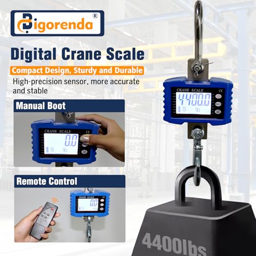 Digital Crane Scale,4410lb/2T Heavy Duty Digital Hanging Scale,Crane Scale Industrial with Remote Control and LCD Screen,High Precision Electronic Weighing Crane Scale for Market,Factory,Construction - size: 2T