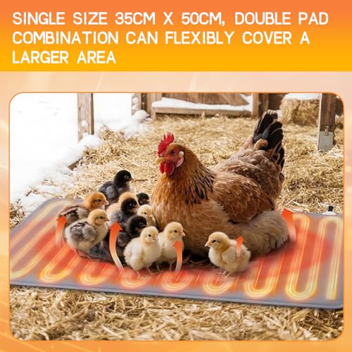 Remerry 2 Pcs Chicken Heated Pads 20 x 14 Inch Pet Heating Pad Small Animal Indoor Outdoor Heating Pad Adjustable Temperature Waterproof Heated Mat 30-Level Controller (25-60°c) with 10-Hour Timer