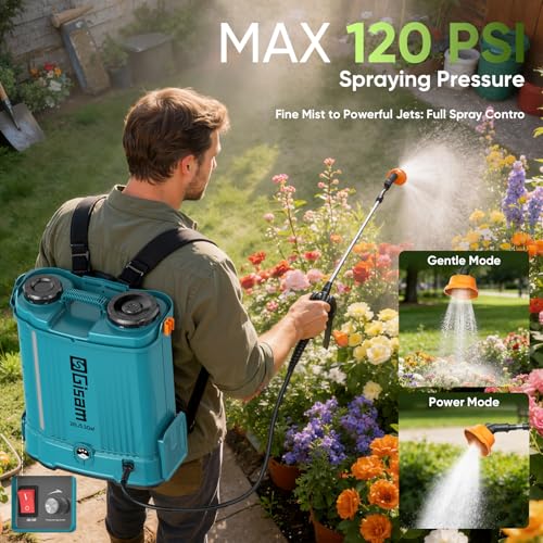 5.3 Gallon Battery Powered Backpack Sprayer,21V 2 Batteries Garden Sprayer | 120PSI Leak-Proof Electric Backpack Sprayer,2 Spray Wands, 5 Nozzles Powerful Weed Sprayer for Lawn,Garden,Yard,Pest Control