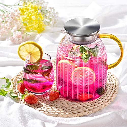 Aofmee 60oz Glass Pitcher, Water Pitcher with Lid, Iced Juice Jugs for Fridge, Glass Carafe for Cold or Hot Beverages, Sun Tea Jar, Easy Clean Heat Resistant Jug for Milk | Thickened Borosilicate Glass Iced Tea Pitcher, Drip-free Spout, Heat/Cold Resistan