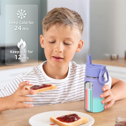 Volhoply 14oz KIds Stainless Steel Insulated Leakproof Bottles Water Bottle with Straw Lid and Silicone Boot,BPA-Free Easy Use for Boys&Girls,Double Wall Vacuum Bottles(Purple Blue,1) - color: Purple Blue