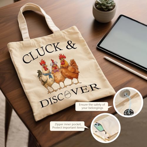 Aesthetic Canvas Tote Bag for Women - with Magnetic Snap Closure & Zipper Inner Pocket Reusable Totes Bag - color: Chickens2