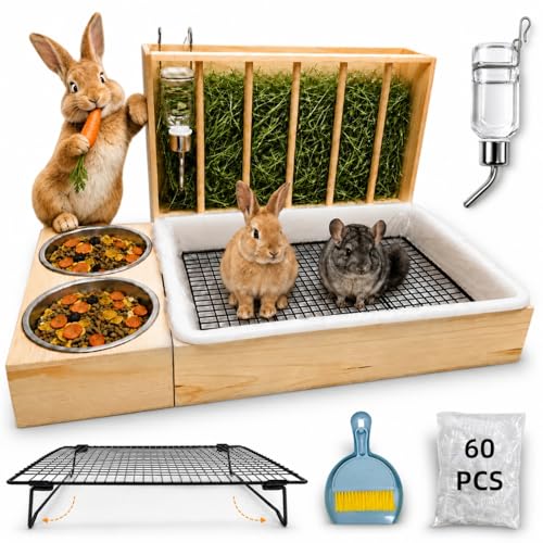 3 in 1 Rabbit Hay Feeder with Litter Box and 2 Bowls, Solid Wood Bunny Feeder with Adjustable Mental Hay Rack, Water Feeder, Cleaning Kit for Rabbits, Guinea Pigs, Chinchillas, Hamsters
