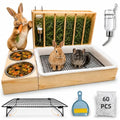 3 in 1 Rabbit Hay Feeder with Litter Box and 2 Bowls, Solid Wood Bunny Feeder with Adjustable Mental Hay Rack, Water Feeder, Cleaning Kit for Rabbits, Guinea Pigs, Chinchillas, Hamsters