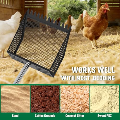 Large Chicken Poop Scooper: 2-in-1 Metal Pooper Scooper & Rake Adjustable 62" Long Handle Stainless Steel Sand Sifting Litter Shovel Chicken Coop Scoop Cleaning for Bedding Goats Bright Black - color: Bright Black