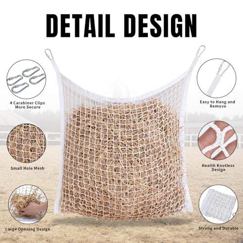 Slow Feed Hay Nets for Horses, Large Capacity Hay Bags, 2 Pack | 35 x 31 in, includes 4 carabiners,White, heavy duty, hay feeder for horses and goats, easy to hang in stalls and trailers - size: 2PCS-White