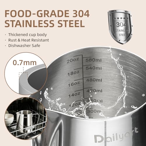 Milk Frother Cup - Dailyart 20oz/600ml Milk Frothing Pitcher Latte Art Tool | 304 Food Grade Stainless Steel Milk Steamer Cup, Espresso Machine Accessories Barista Milk Pitcher for Home, Coffee Shops - size: 20 Ounces