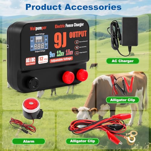 10 Joule Electric Fence Charger, Adjustable 9KV/12KV/15KV Output Voltage | 10 Joule Stored / 9 Joule Output Electric Fence Energizer, Range 12 Miles, 12V DC/100-240V AC Dual Power with Alarm