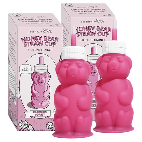 Legendairy Milk Honey Bear Straw Cup Silicone for Babies (Pink), 8 oz. Dishwasher Safe Baby Straw Cup, Food Grade Silicone, Honeybear Sippy Cup for Ages 4+ Months (Pack of 2) - color: Pink