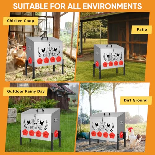 TGEYD 95 lb Galvanized Metal Chicken Feeder, 10 No-Waste Ports with Diversion Design, Extra-Large Heavy-Duty Outdoor Feeder Stand for Chickens, Ducks & Geese - color: Cockscomb Red