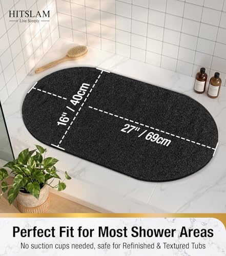 HITSLAM Oval Loofah Shower Mat Non Slip, 27x16 Inch, Black | Bath Mat for Textured Tub & Inside Shower Stall, No Suction Cups Quick Drying PVC Porous Floor Mat, Soft Foot Exfoliating - color: Black