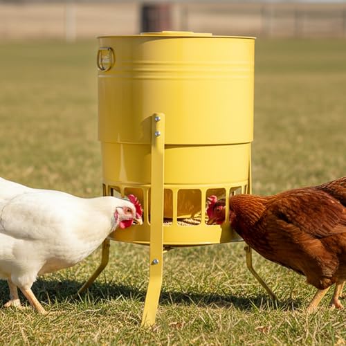 KOL Chicken Feeder No Waste for Coop & Outdoors, 16 Port 50lbs Poultry Feeder with Spill-Control Design, Rust-Proof Powder Coated Metal & Smooth Safe Edges (Yellow) - color: Yellow