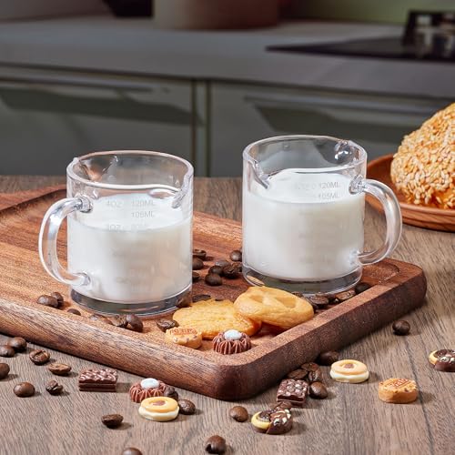 Ackers Etched Scale Espresso cup with Handle, Thickened Bottom and Wall, Double V-Shaped Spout,4OZ Milk Frothing Pitcher,120ML Milk Cup with Handle, Espresso Accessory (Pack of 2) - style: Engraved Graduations(Pack of 2)