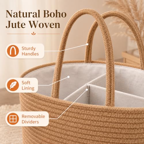 ABenkle Baby Diaper Caddy Organizer, Boho Jute Rope Nursery Storage Bin Changing Table Car Organizer for Storage Baby Diaper Wipes, Empty Basket for Baby Shower - color: Jute, size: Large