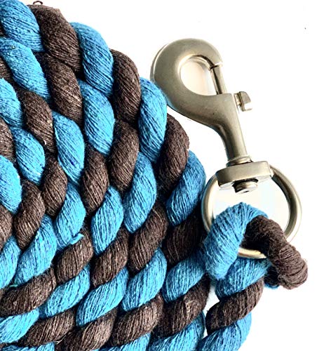 Majestic Ally Pack of 2 Solid Cotton Lead Rope for Horses & Livestock – 10 Foot Long and 5/8 inch Thick - Replaceable Heavy-Duty Satin Bolt Snap – Handmade – Soft, Broken in Feel (Turquoise -Brown) - color: Turquoise -Brown