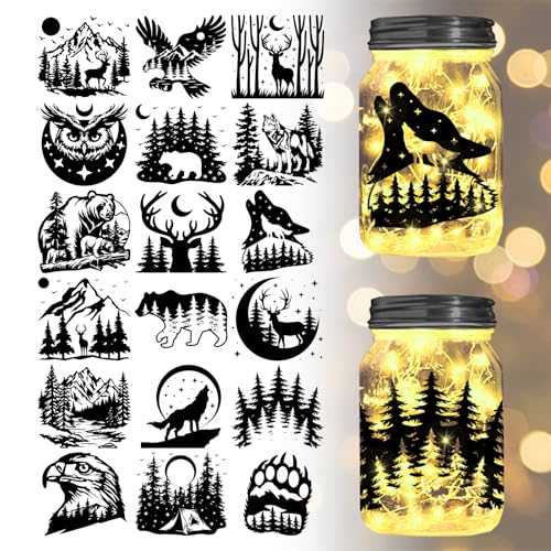 GLOBLELAND 18 Sheets Forest Animals Silhouette Transfer Stickers Decals Stickers Wolf Deer Bear Eagle Rub on Transfer for Mason Jars Furniture Vase Glass Decorations Art Crafts - style: Forest Animals