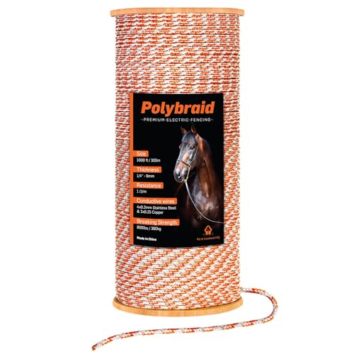 Electric Fence Polybraid 1000ft Thickness 1/4" - Premium Heavy Duty Braided Polyrope - High Visible Rope Fencing for Horse, Cattle, Livestock - 6 Wire Conductors: 2X Cooper and 4X Stainless Steel - size: 1000ft / 305m