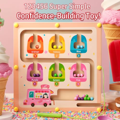 QimuMku Wooden Maze Magnetic Busy Board & Travel Toy for Toddlers Ages 2-4 | Magnetic maze travel activity for toddlers that builds fine motor skills, focus and screen-free learning on the go. - color: Ice Cream Magnetic Maze