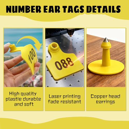 100 Pack Cattle Ear Tags Numbered 001-100 Livestock Tagging Kit, Plastic Identification Tags for Cows, Calves, Sheep, Goats, Hogs, Complete Set with Tagger Tool
