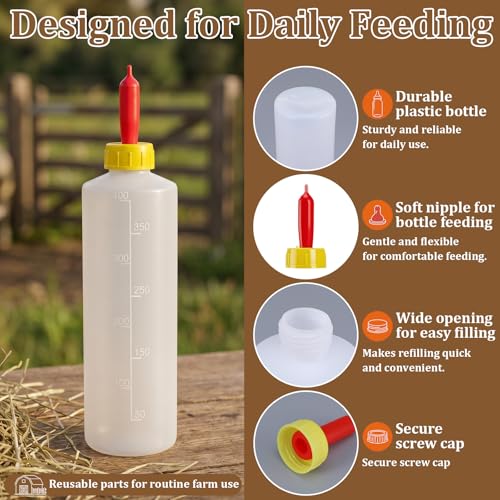 Goat Bottles for Feeding Baby Goats - 6 Pack 13.5 oz (400ml) PP Plastic Nipple Set for Lambs, Calves, Sheep, Goat & Other Livestock - Essential to Raise Healthy Lambs and Calves