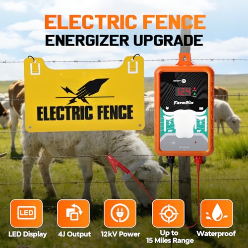 12KV DC AC Powered Electric Fence Charger, 15 Miles 4 Joules, LED | LED Indicator Light, High Power Pulse Energy, Waterproof, for Livestock,Farm Animals, Pets, Poultry, Ranches and Gardens - color: Orange