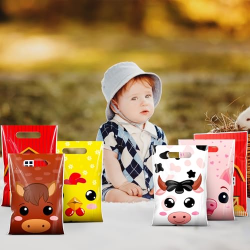 Resurhang 50 Pcs Farm Animal Favor Bags Bulk 6.5x9.8 Inch Plastic Farm Theme Goodie Treat Gift Bags Funny Candy Cookie Tote for Farmhouse Barnyard Birthday Decor Supplies Baby Shower Wrapping - style: Farm Animal