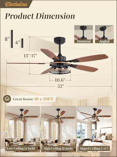 52 Inch Farmhouse Ceiling Fan with Light and Remote, Black Industrial Caged Flush Mount Ceiling Fans with 6 Speed Reversible Motor and Dual Finish 5 Blades, Rustic Ceiling Fan for Living room, Bedroom | Industrial Caged Flush Mount Ceiling Fans with 6 Spe