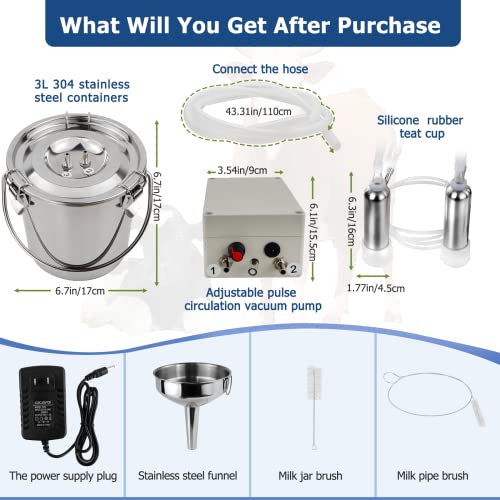 2026 Upgrade 3L Cow Milking Machine, Continuously Adjustable Suction Pulsation Vacuum Electric Milker, Portable Livstock Milking Machine with Stainless Bucket(US Plug)(3L Cow) - size: 3L Adjustable Cow Milking Machine