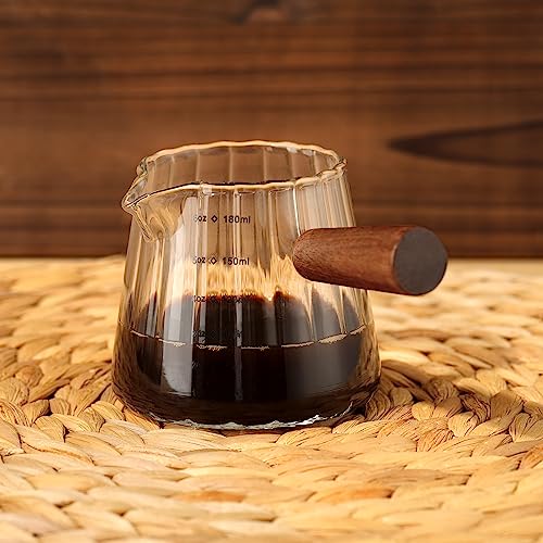 Joeyan 6 oz Glass Measuring Cups with Spout,Borosilicate Glass Triple Pitcher with Scale,Origami Style Espresso Shot Glasses with Wood Handle for Coffee Milk,Dishwasher Safe - color: 6 Oz Single Spout Clear Measuring Cup