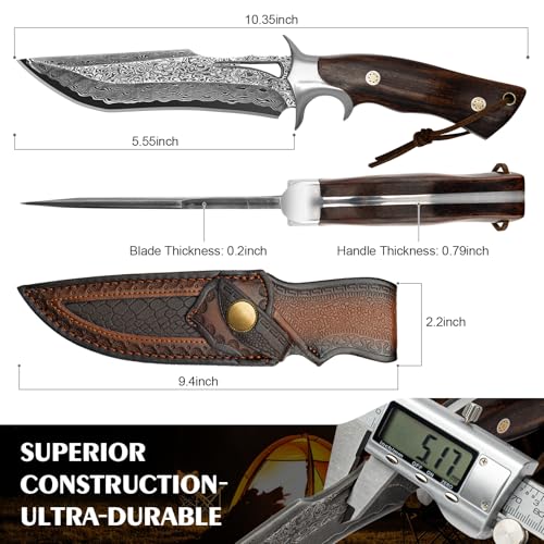 Real Damascus Hunting Knife, 10.4" VG10 Bowie Leather Sheath | 67-layer forged craftsmanship with authentic rosewood grip and durable cowhide exterior cover for outdoor camping tasks - style: Damascus Steel-1