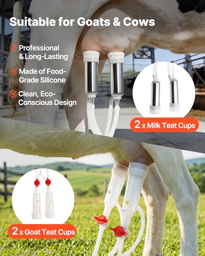 VEVOR Goat Milking Machine, 3.2 Gal / 12 L Food-Grade Stainless Steel Bucket, 4 Teat Cups for Cows and Goats, with 8000 mAh Rechargeable Battery, Electric Pulsation Milking Machine Portable Milker - size: 12L+Portable