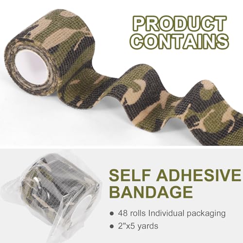 48 Pack Self Adhesive Bandage Wrap, 2” x 5 Yards Cohesive Medical Tape Elastic Grip Tape Black Sports Tape Athletic for Ankle, Wrist Sprains, Pet First Aid (Camo) - color: Camo