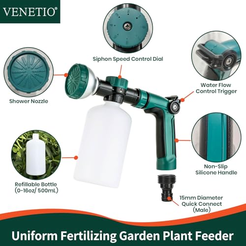 VENETIO 8-Dial Lawn & Garden Sprayer with Quick Connect - 16oz Liquid Fertilizer Dispenser for Uniform Watering & Feeding Plants, Hose Nozzle Spray Gun with Soap Bottle for Dog Washing, Car Cleaning - style: Lawn & Garden Feeder Pro (16 oz)