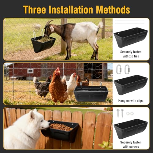 2 Pack Hanging Chicken Feeder Trough for Goat,Sheep,Dog.Livestock Feeding Container Goats Supplies Feeders Waterer Bucket (Black)
