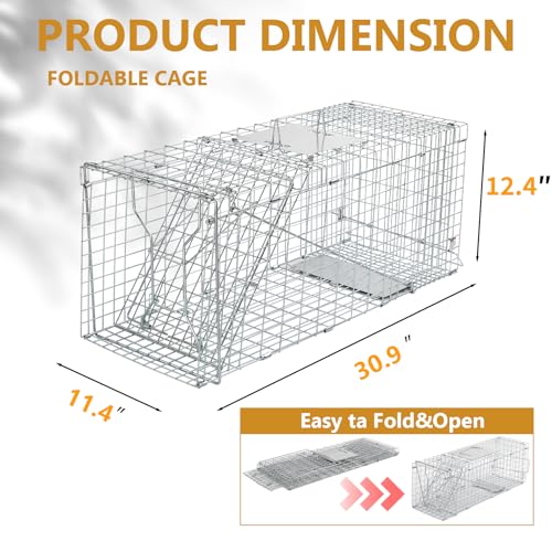 Outvita Live Animal Cage Trap, 32" Heavy Duty Folding Steel Cage | Catch Release Humane Rodent Cage for Rabbits Stray Cat Squirrel Raccoon Mole Gopher Chicken Opossum Skunk & Chipmunks