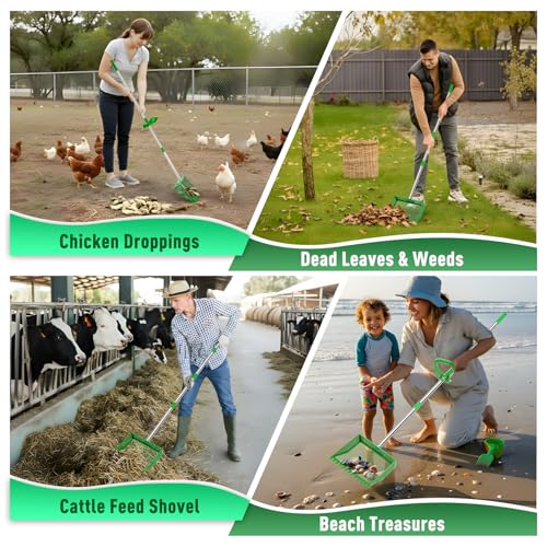 TOOGE Large Chicken Poop Scooper: 2-in-1 Metal Pooper Scooper & Rake Adjustable 62" Long Handle Stainless Steel Sand Sifting Litter Shovel Chicken Coop Scoop Cleaning Tool for Goat Yard Bright Green - color: Bright Green