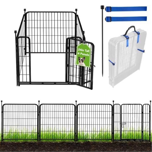 ADAVIN 24 in(H) Garden Fence with Gate, 4 Panels Total 9.8 Ft(L), Heavy Duty Iron Metal Animal Barrier Fence, Camping Fence, No Dig Garden Border Fencing for Yard - size: 4panels-24in(H)×9.8ft(L)