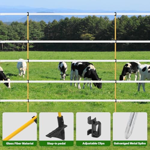 24Pcs 48in Fiberglass Step-in Electric Fence Posts | Clips height adjustable for poly tape/rope. No-tool step-in. Fiberglass core bends back
