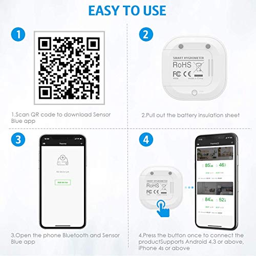 Bluetooth Thermometer Hygrometer, Smart Humidity Temperature Sensor | App alerts & data storage. Monitor for greenhouse, humidor, guitar case, incubator, and camera storage. - color: White
