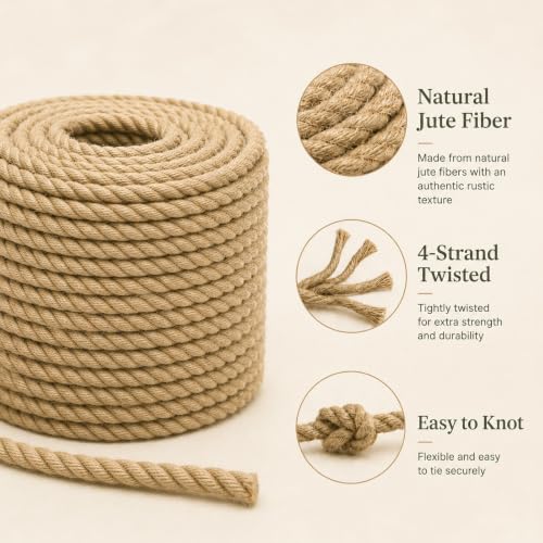 Natural Jute Rope (1/2 Inch x 200 Feet) Thick Hemp Rope Twisted Manila for DIY Crafts, Deck Railings, Hanging Swing, Nautical Decorating - size: 1/2 Inch x 200 Feet