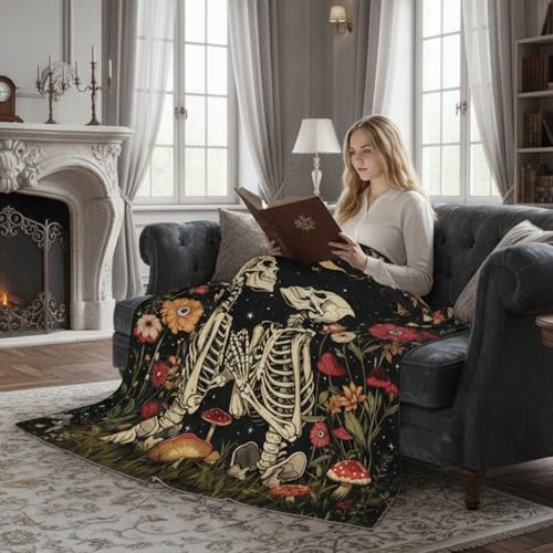 Gothic Moon Skeleton Blanket Gifts for Men Women Kids Romantic Floral Skull Throw Blanket Gifts 50"x60" - color: Black Red
