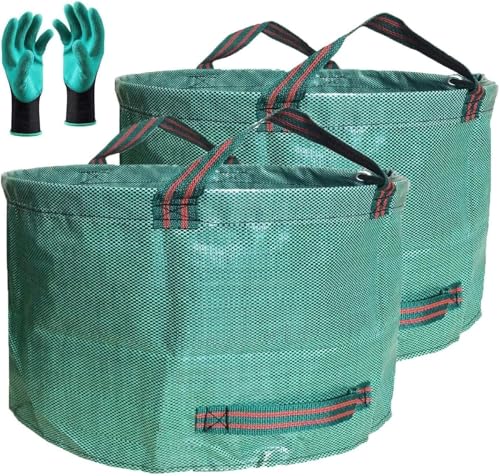 Professional 2-Pack 63 Gallon Lawn Garden Bags Big (D31,H19 in) Yard Waste Bags with Gardening Gloves for Reusable Leaf Bag,Garden Trash Containers,Lawn Weeds,Grass Clippings,Yard Debris Bag 4 Handles