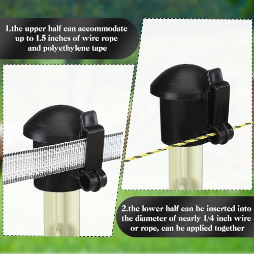 DoubleFill 24 Pcs Electric Fence Insulators and T Post Safety Cap, T Post Safety Topper Black Plastic Insulators for Wood Posts Wire Holding Fencing Garden Farm Highway Sport Fences Supplies (Black) - color: Black